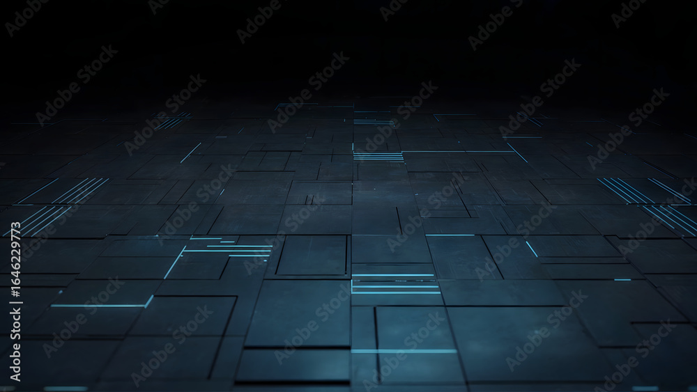 Fototapeta premium A dark futuristic surface with glowing blue lines and geometric shapes in a perspective view