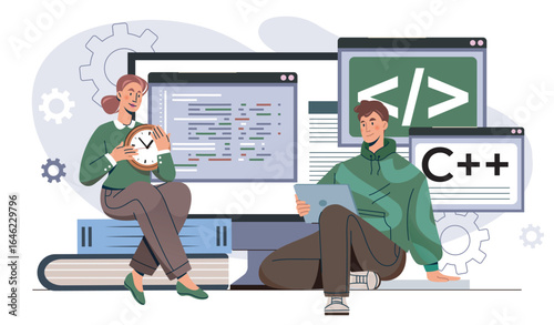 Programmers working with C code. Vector illustration
