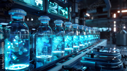 Futuristic laboratory vials filled with glowing blue liquid on automated conveyor belt, showcasing advanced scientific research and development.