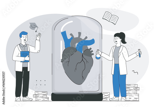 Scientists study giant heart in lab glass. Vector illustration