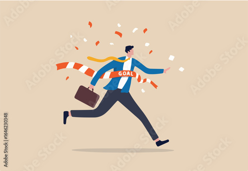 Business winner reaching goal, success celebration, career path or glory to finish working project concept, joyful smart businessman worker running reaching goal at the finishing line as first winner.