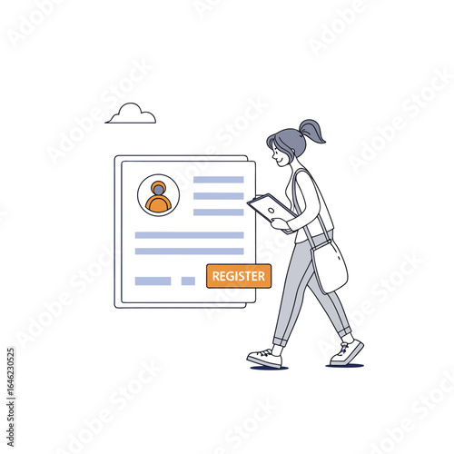 "Vector Registration Concept Illustration – Person Walking with Tablet Beside Large Signup Form Featuring Avatar Icon, Text Fields, and 'REGISTER' Button – Flat Design Representing Online Enrollment, 