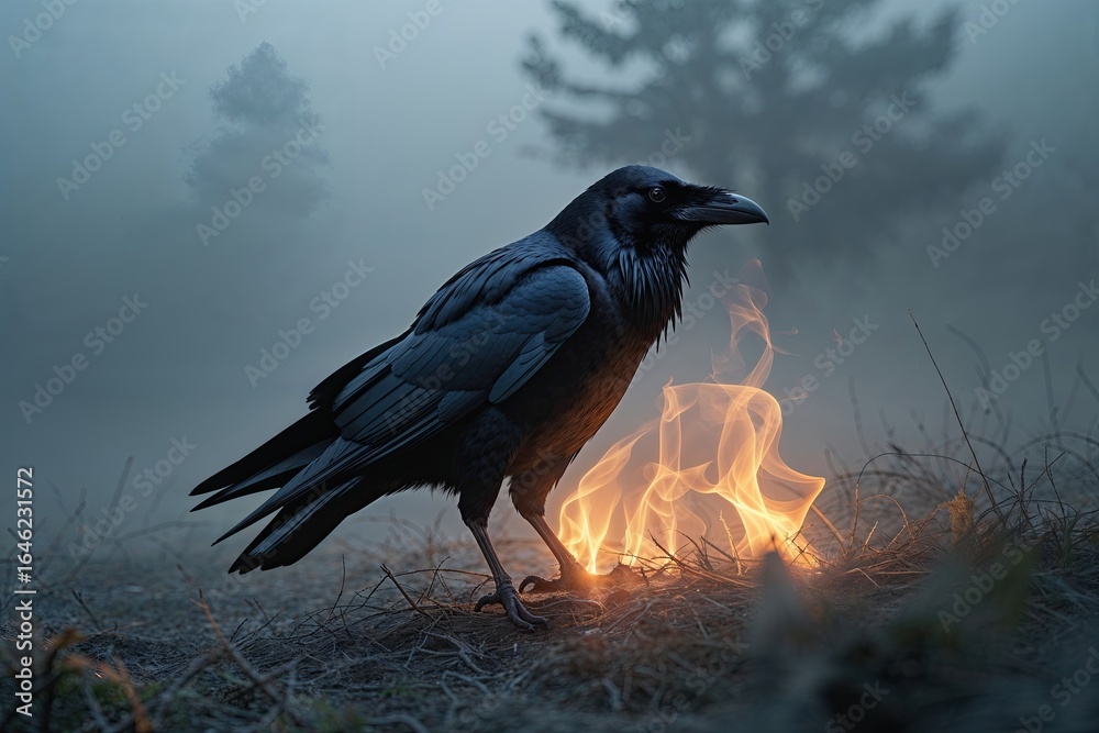 Fototapeta premium Cinematic Raven in Fog with Radiant Heat - Wild Nature Wallpaper