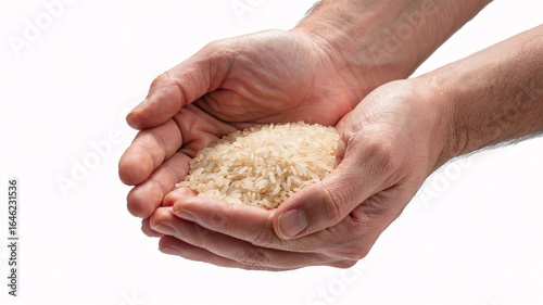 Hands gently holding a pile of uncooked white rice grains, showcasing natural texture and wholesome sustenance.