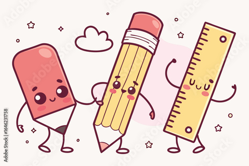 Happy kawaii pencil eraser and ruler dancing together