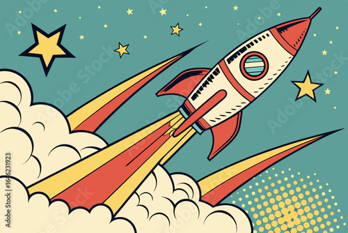 Retro rocket blasting off into space with stars and clouds