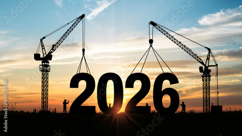 Cranes build the year 2026 against a vibrant sunset, symbolizing progress and future.
