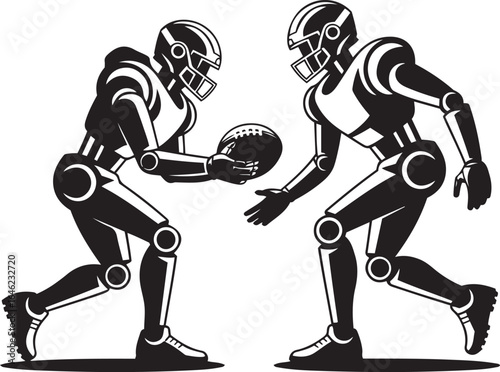 Futuristic American football game with two robot players silhouette black and white illustration in a handoff play 
