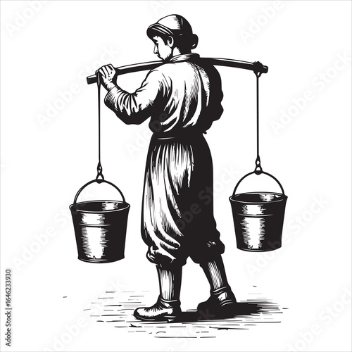 Person carrying buckets on shoulders pole