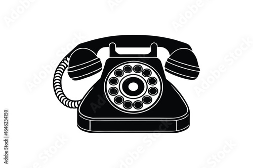 Vintage Rotary Dial Telephone Icon, Classic Black and White Retro Illustration