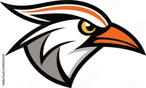 Stylized bird of prey head logo with orange and white accents