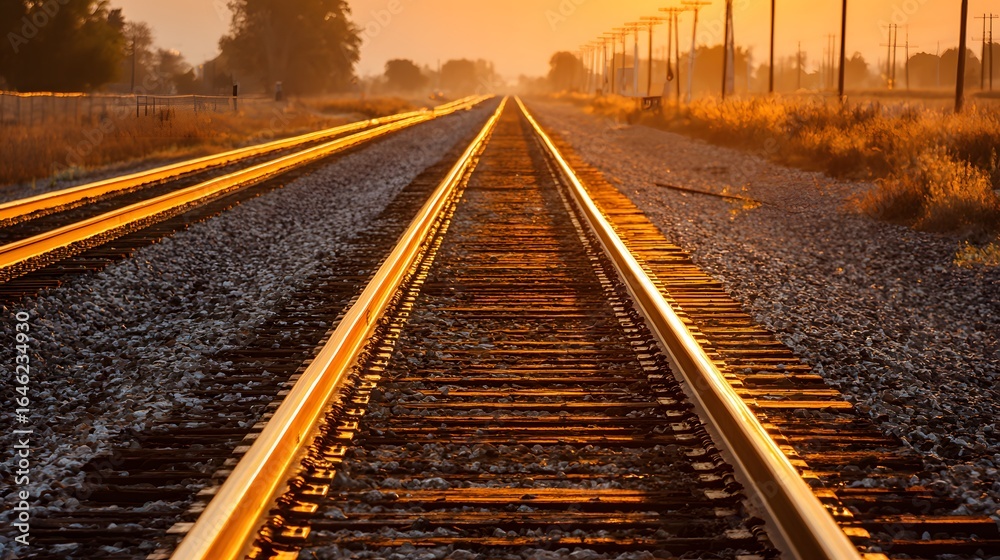 Fototapeta premium Railroad tracks extending into a golden sunset.