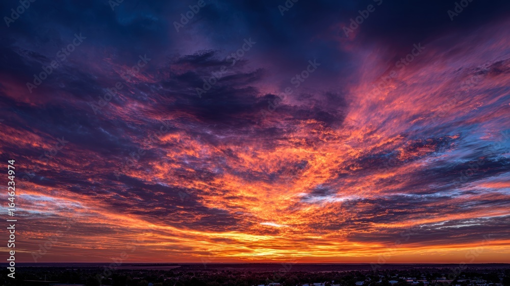 Fototapeta premium Vivid sunset illuminating dramatic clouds with a fiery mix of orange, purple, and yellow hues over a town.