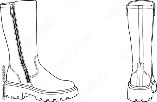 Chunky sole boot illustration, side and back views, zipper detail, rugged footwear sketch, stitching design, fashion drawing, Adobe Stock asset