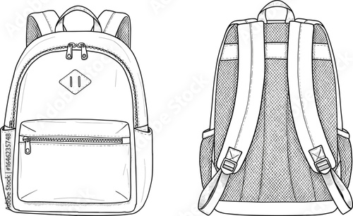 Technical Backpack Sketch, Front and Back View, Zipper Compartments, Shoulder Strap Design, Mesh Padding, Travel Bag Illustration, Outdoor Gear