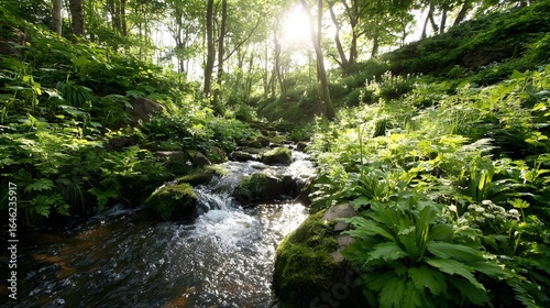 Sunny stream flowing through lush greenery.