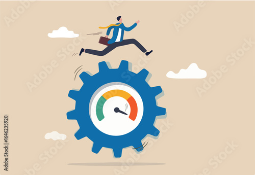 Work performance evaluation, full efficiency or maximum productivity, ambition or motivation to growth in business concept, ambitious businessman running at full speed to rotate measure cogwheel gear.
