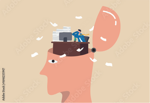 Work anxiety, stress or burnout, exhausted job or overload tired, job fatigue from overworked, depression and mental health concept, overwhelmed frustrated businessman working hard on his busy head. 