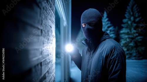 Burglar in ski mask with flashlight attempting break-in at night during winter