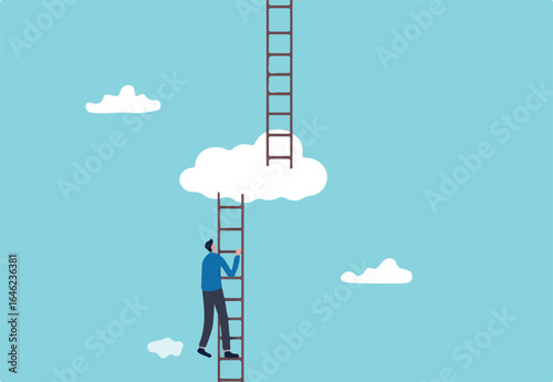 Progress to next level, career development or business improvement reaching better quality, growth or growing concept, ambitious businessman climbing up ladder to cloud level to reach next level.