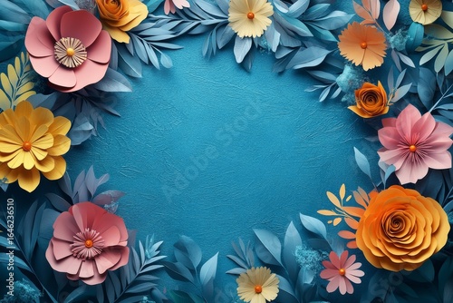 Colorful Paper Flowers Arranged Beautifully on a Blue Background for Creative...