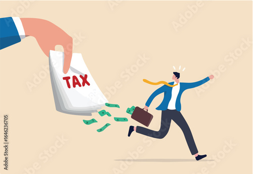Tax evasion, illegal hide revenue and avoid paying government tax, fraud and money laundering or financial crime concept, frustrated businessman run away with full of money banknotes from tax bills.