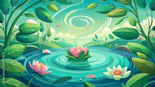 Delicate ripples dance around emerald leaves, as soft breezes carry the scent of blooming flowers, embracing the pond’s serene charm in a semi-realistic harmony of color, light, and life.