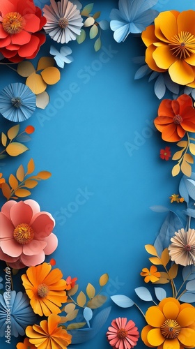 Vibrant Paper Flowers Create a Colorful Frame on Blue Background for Artistic...