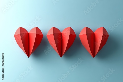 Creative Arrangement of Red Paper Hearts on a Soft Blue Background for Celebr...