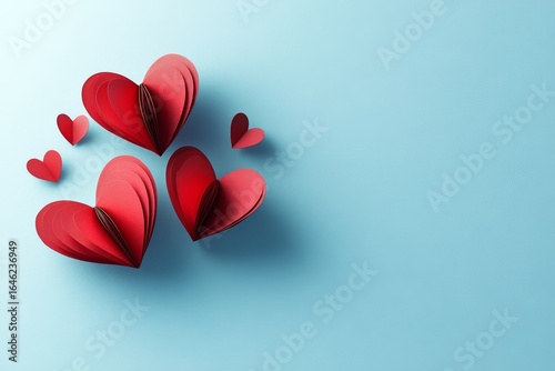 Creative Arrangement of Red Paper Hearts on a Soft Blue Background for Celebr...