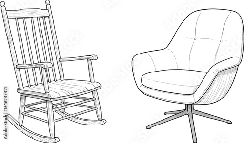 Wooden rocking chair, modern swivel chair, furniture contrast, vintage and contemporary styles, interior design elements, seating options, Adobe Stock asset