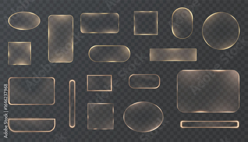 Collection of golden glowing glass frames in various shapes on transparent background. Ideal for luxury UI elements, banners, and elegant decorative projects.
