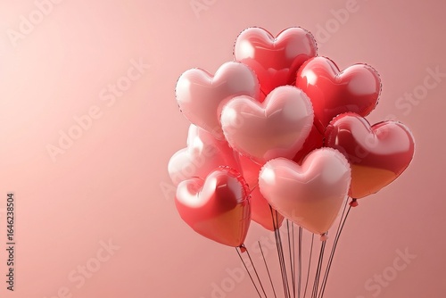Colorful Heart-Shaped Balloons Floating Against a Soft Pink Background Create...