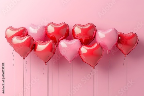 Colorful Heart-Shaped Balloons Floating Against a Soft Pink Background Create...