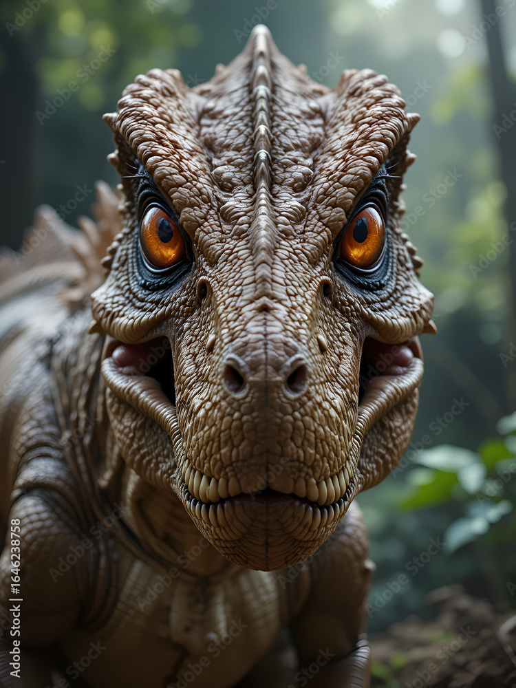 Close Up of a Fierce Brown Dinosaur with Intense Orange Eyes Close Up of a Fierce Brown Dinosaur with Intense Orange Eyes