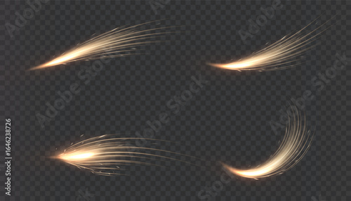 Golden glowing light streaks with spark trails on transparent background.