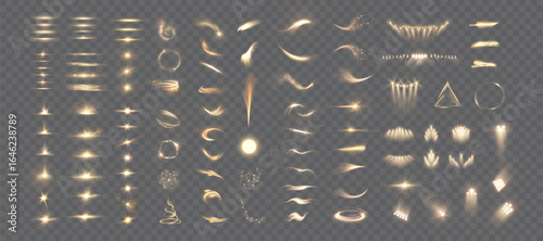 Set of glowing golden light effects with flares, sparkles, swirls, spotlights, and motion trails on transparent background.