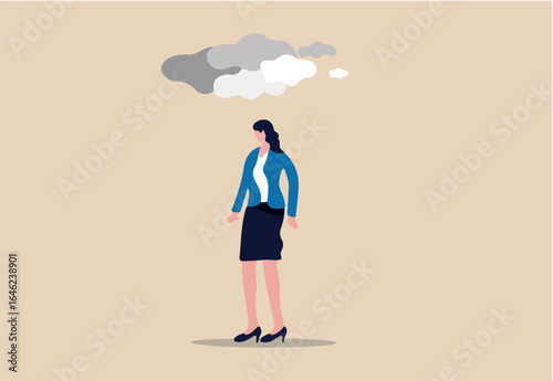 Workload and stress causing depression in office worker, mental illness or disorder in young woman concept, sadness depressed young lady in office uniform with cloud and rain metaphor of mind trouble.
