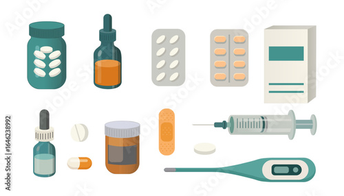 Vector set of medical accessories vials, droppers, blisters, syringe, thermometer, tablets, bandage and box on white background. For healthcare and pharmaceutical projects.