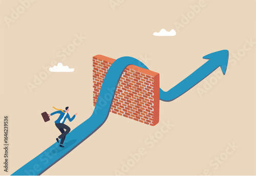 Overcome obstacle, solving business problem, win over business barrier or difficulty, challenge or solution for career path, effort or decision concept, businessman run on road cross over brick wall.