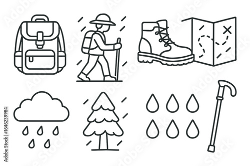 Hiking gear and symbols: backpack, hiker, map, rain, tree, boots, raindrops