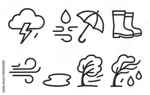 Weather icons collection: storm, rain, boots, wind, puddle, trees