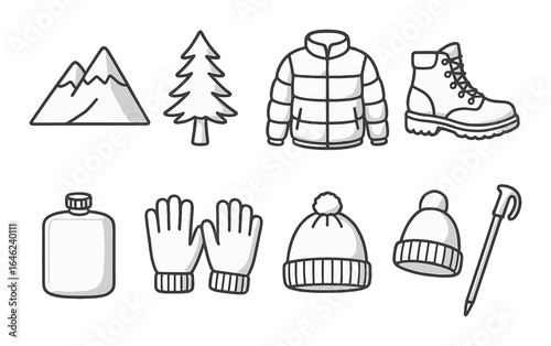 Essential winter hiking gear icons: jacket, boots, gloves, hat, flask, mountain, tree