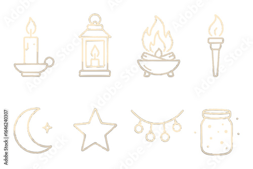 Glowing neon icon set featuring candle lantern torch campfire moon star lights jar