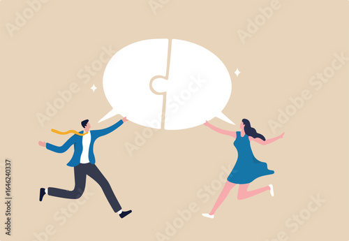 Business communication skills, explain idea, speak, tell and listen to coworkers, work discussion or success send and receive information concept, business people connect speech bubble jigsaw puzzle.