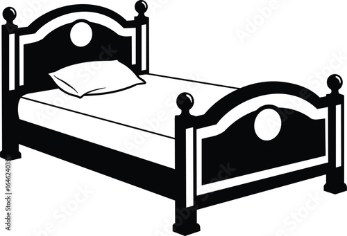 Black and white bed illustration, rounded headboard design, classic bed frame vector, furniture clipart, elegant bedroom sketch, vintage decor drawing
