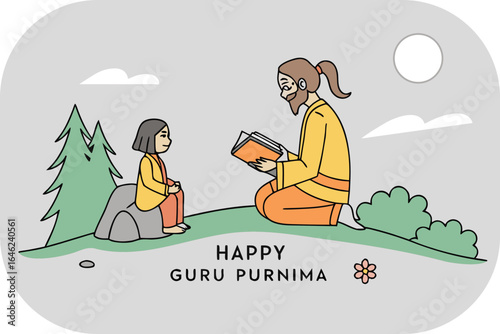 Guru Purnima greeting with a teacher reading to a student near a tree book