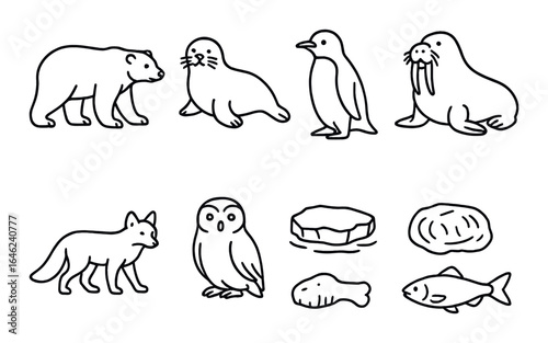 Arctic animal icons: bear, seal, penguin, walrus, fox, owl, ice, fish