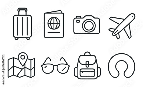 Travel essentials icons: luggage, passport, camera, airplane, map, sunglasses, backpack, neck pillow