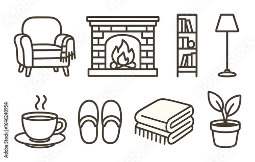 Cozy living room essentials: armchair, fireplace, bookshelf, lamp, coffee, slippers, blanket, plant